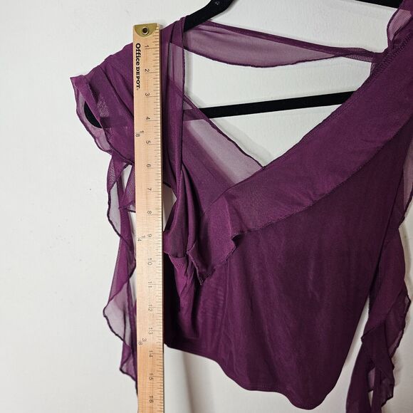 Cider Cute Purple Sleeveless Ruffle Mesh Faux Wrap Tie Neck Blouse Top Small - Picture 4 of 6